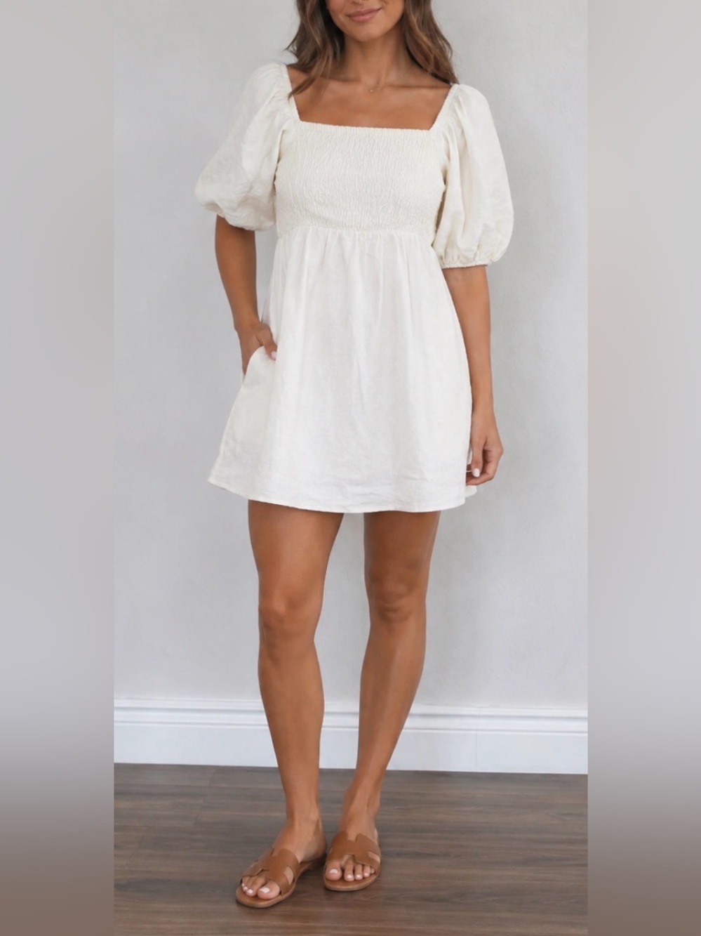 Tuckernuck Linen Smocked Puff Sleeve Mini Dress Size Small